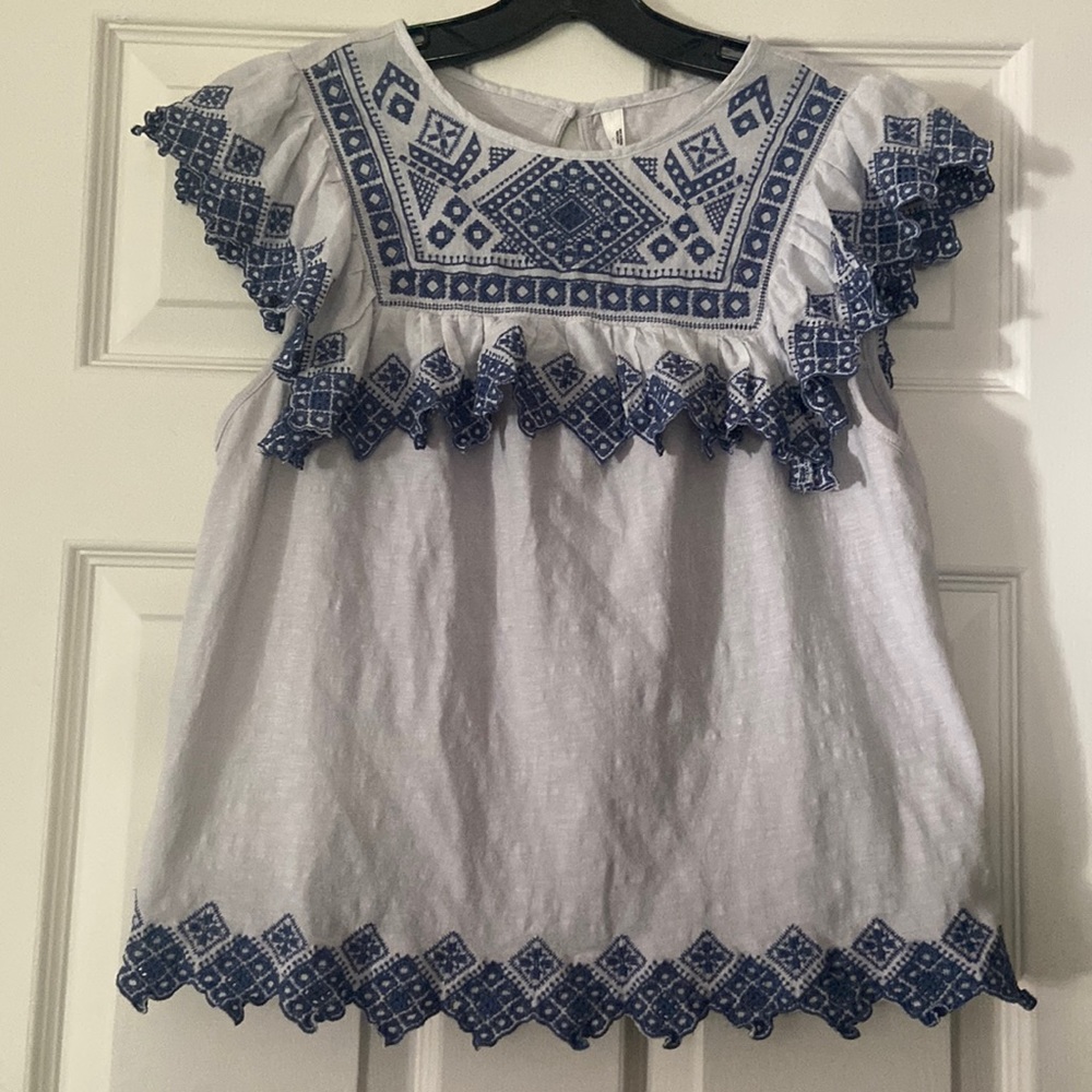 Anthropologie Gray Tank Top with Blue Embroidery